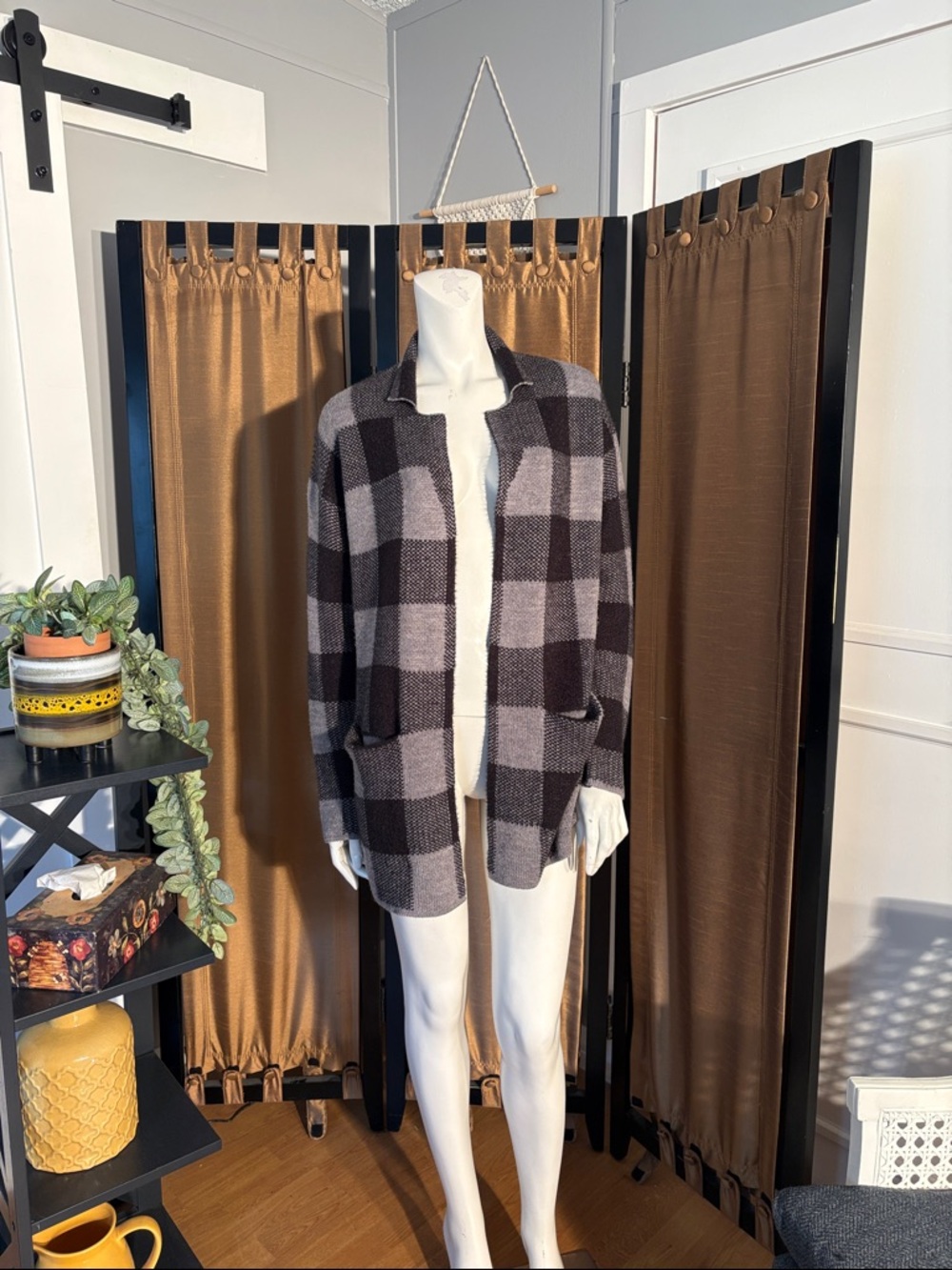 Women’s  Black and Gray Plaid Open-Front Jacket Coat
